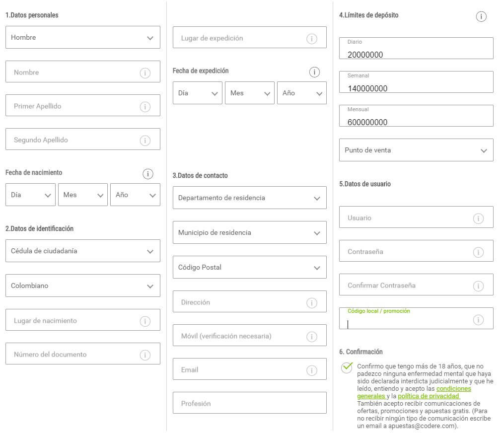 Codere Bono Colombia Registro Como Nuevo Usuario de Codere